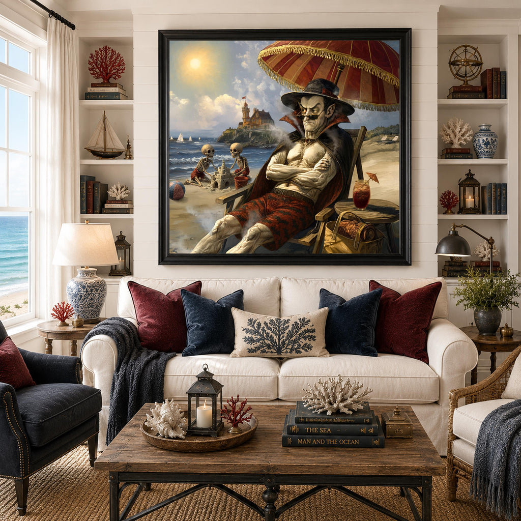 Grumpy Vampire at the Beach, Funny Gothic Summer Art, Victorian Coastal Halloween Decor, Beach Goth Print (Digital Download)