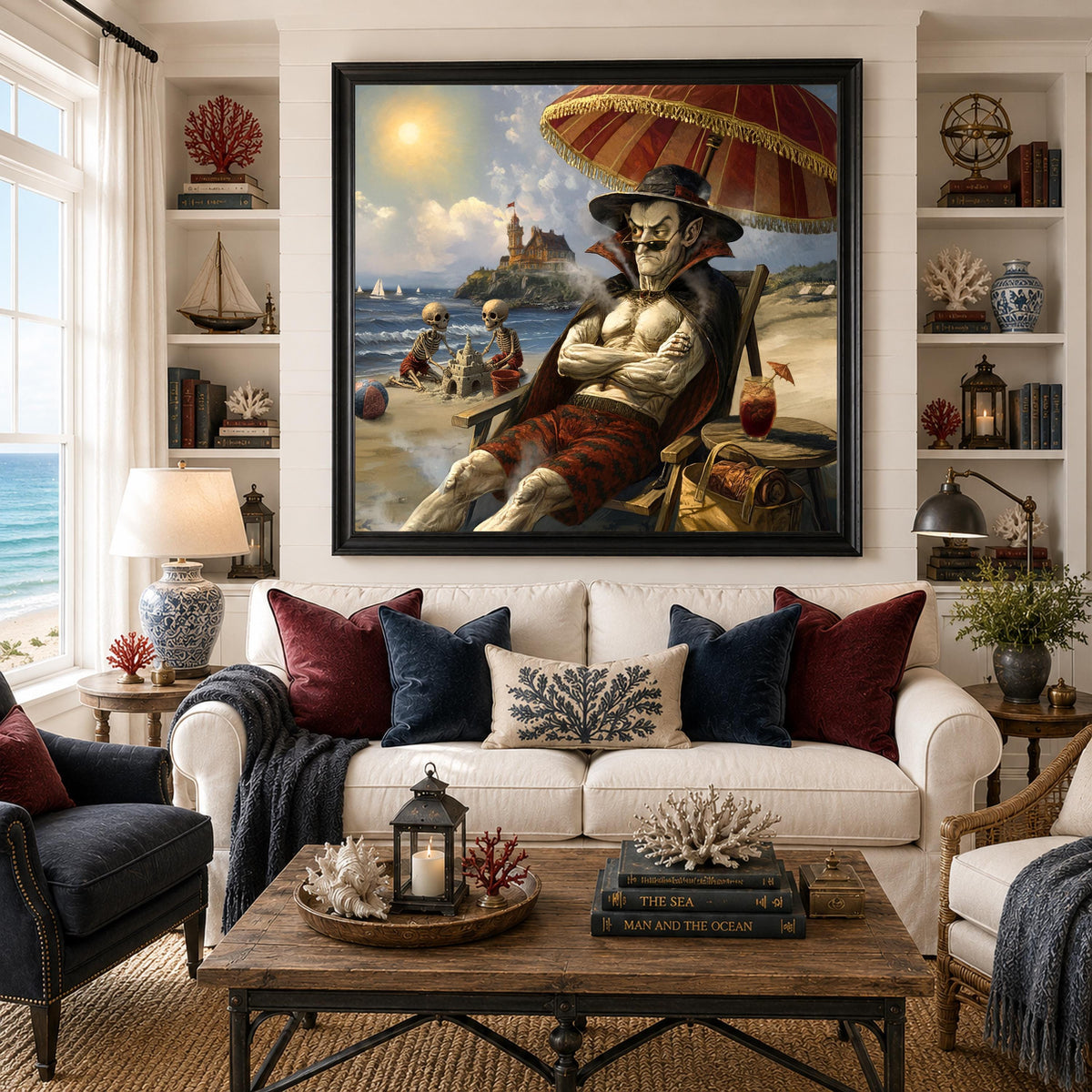 Grumpy Vampire at the Beach, Funny Gothic Summer Art, Victorian Coastal Halloween Decor, Beach Goth Print (Digital Download)