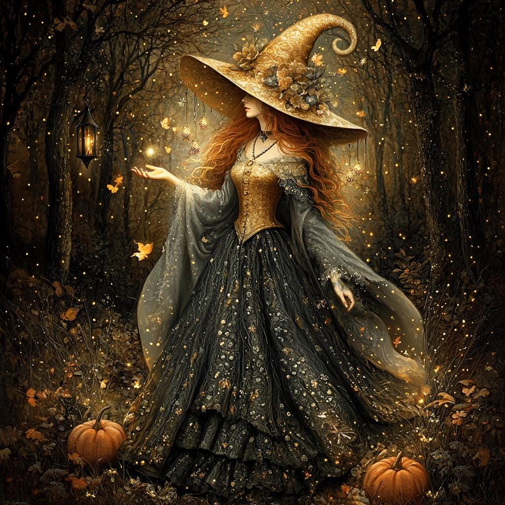 Golden Autumn Witch Art Gothic Halloween Witch Fantasy Wall Decor (Digital Download)