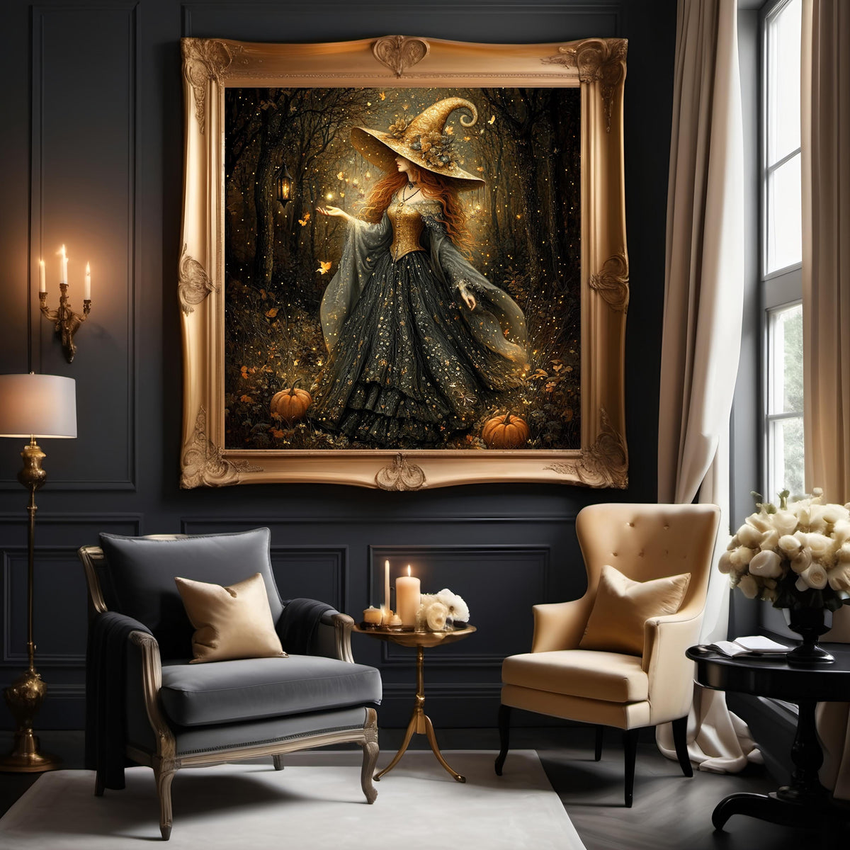 Golden Autumn Witch Art Gothic Halloween Witch Fantasy Wall Decor (Digital Download)